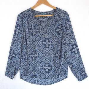 Fleur Bleve Womens Blue Geometric Floral Medallion Split V-Neck Blouse Large L